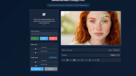 A screenshot of Adobe MotionStream with red and green boxes over a person's face to direct movement